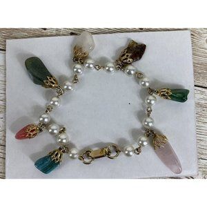 Charm Bracelet Gemstone Nugget Faux Pearl 7” Rose Quartz Amethyst Jade Coral